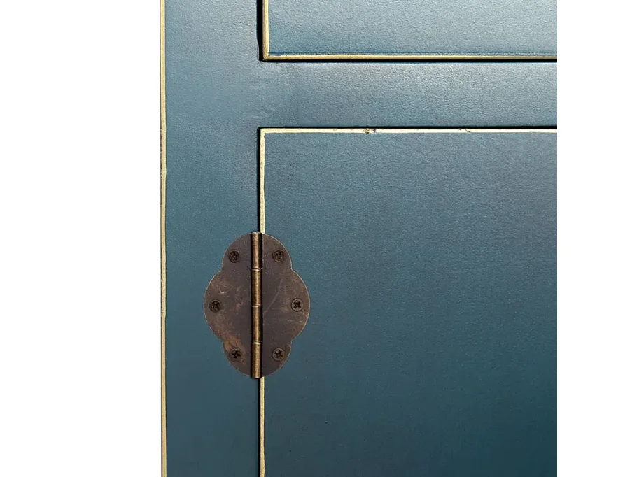 Petite console bleu avec 6 tiroirs et portes vintage bronze AÉRIS