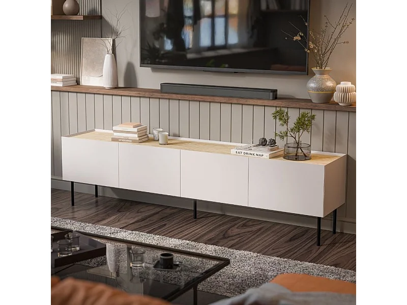 Meuble télé 200 cm 4 portes bois et cachemire Mauro