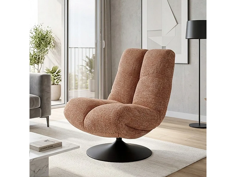Fauteuil design pivotant en tissu cannelle et pied métal noir Gia