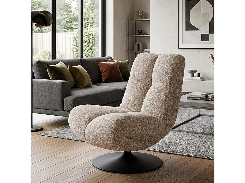 Fauteuil pivotant design en tissu beige et pied métal noir Gia