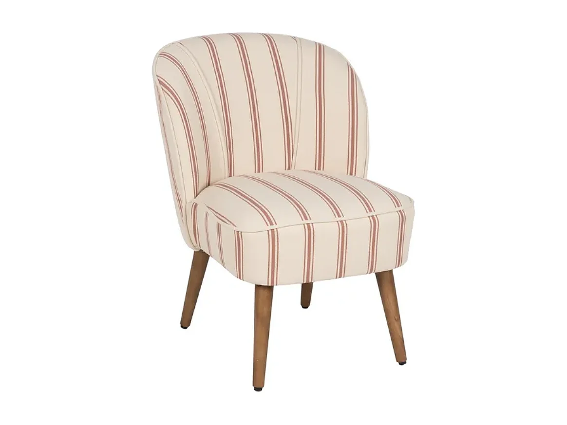 Fauteuil rayures terracotta coque capitonnée bois hévéa confort rétro ELYSORA