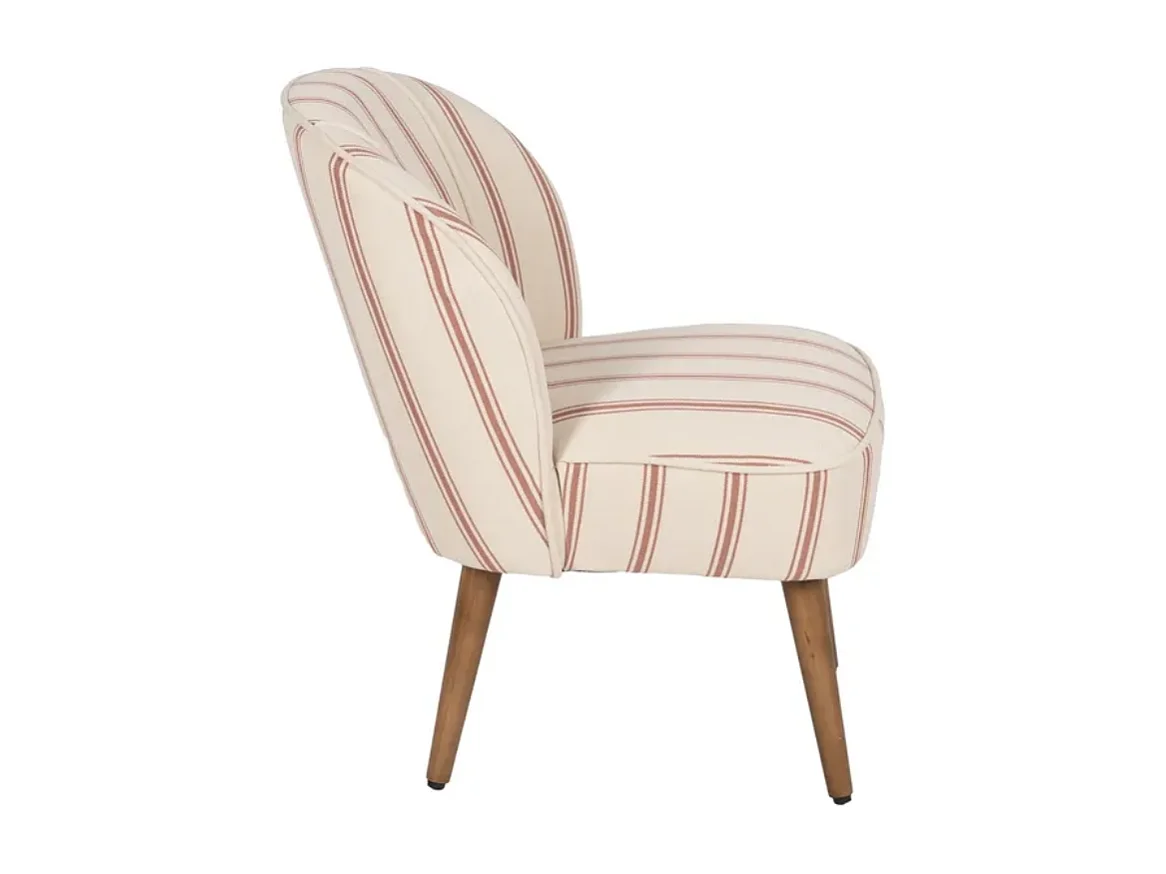 Fauteuil rayures terracotta coque capitonnée bois hévéa confort rétro ELYSORA
