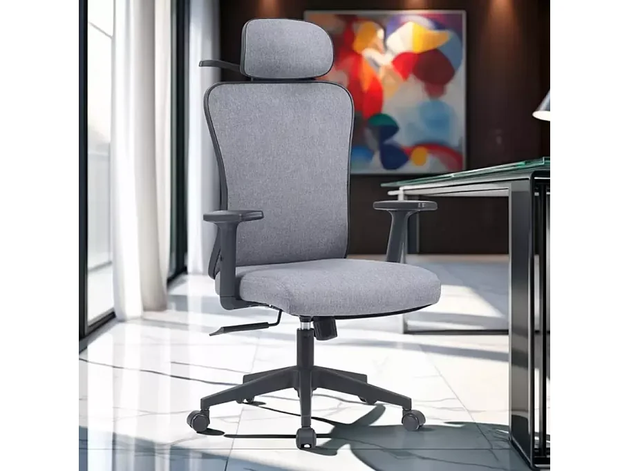 Chaise de bureau pivotante ergonomique tissu gris TILT multibloc cintre intégré MARINO