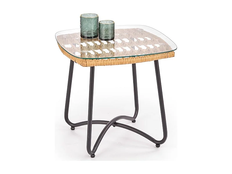 Table basse avec piètement design en acier noir et plateau en rotin et verre Cottage