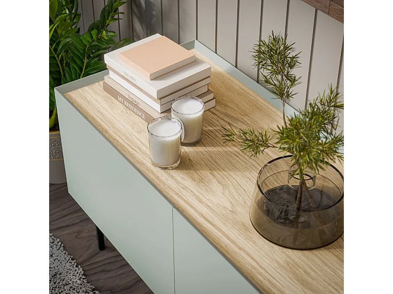 Meuble télé vert et bois 200cm 4 portes Mauro