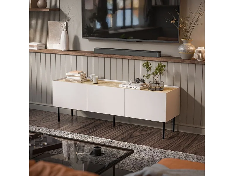 Meuble télé 150 cm cachemire et bois - 3 portes - Mauro