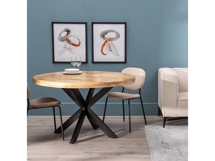 Table à manger ronde 130 cm bois brut pied étoile noir BRUMALIA