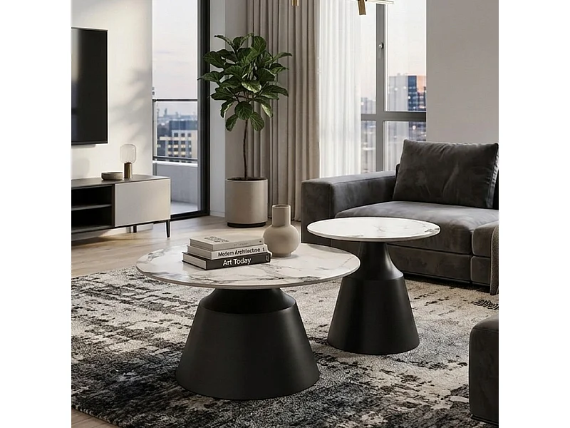 Ensemble de deux tables basses rondes avec plateau aspect marbre OMAR