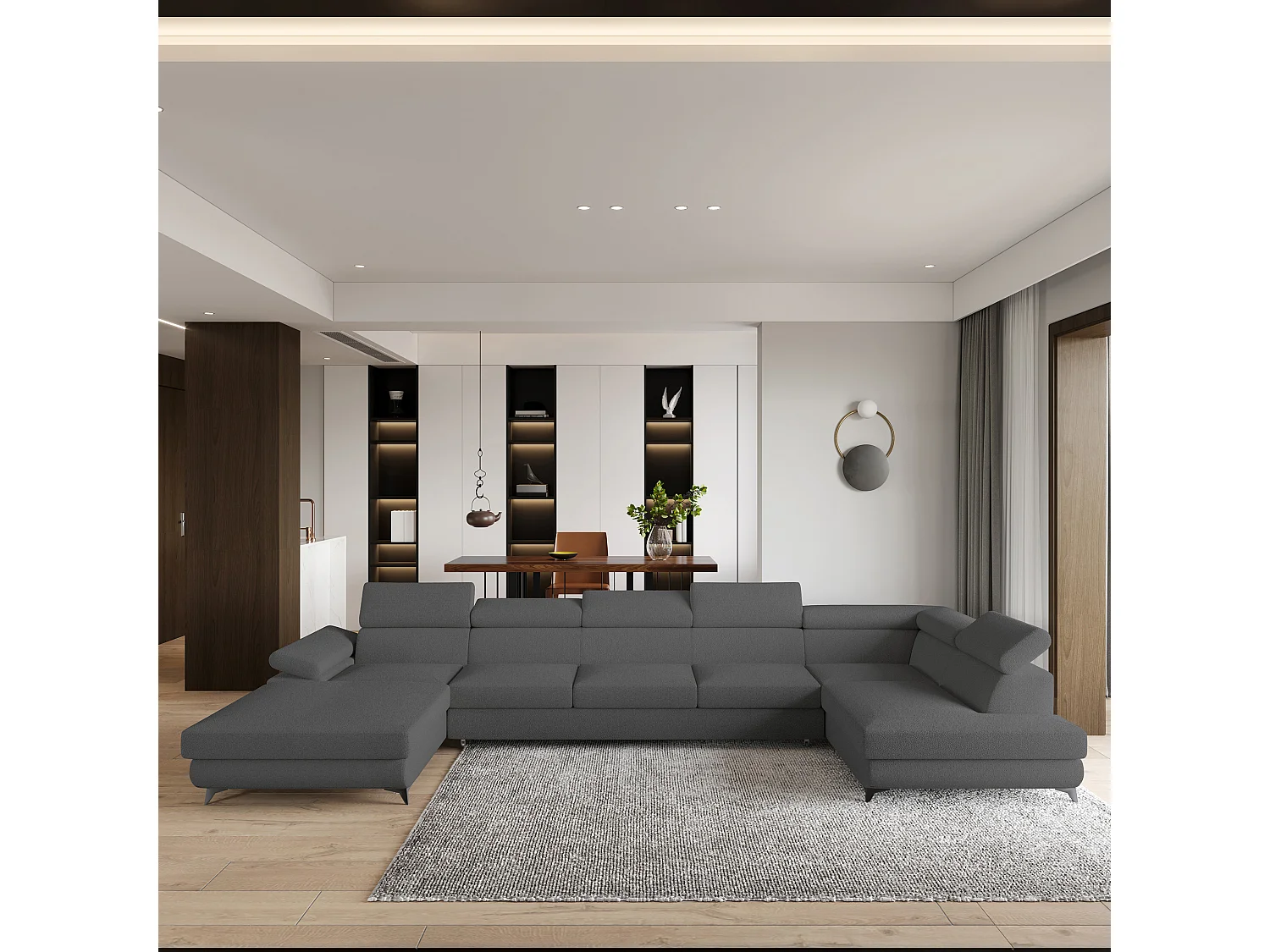 Hoekbank MONTIVA van fluweel met slaapfunctie Grau