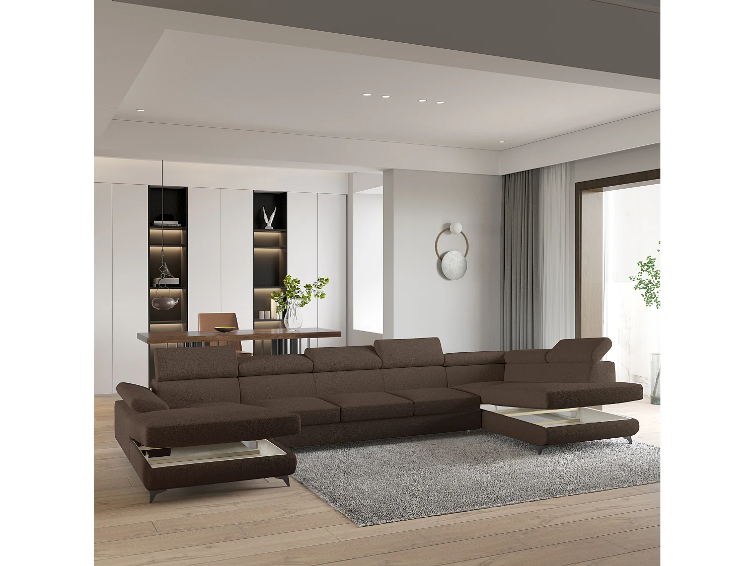 Hoekbank MONTIVA van fluweel met slaapfunctie Braun