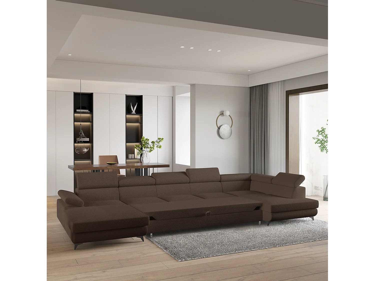 Hoekbank MONTIVA van fluweel met slaapfunctie Braun