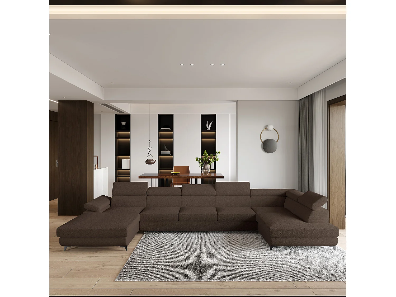 Hoekbank MONTIVA van fluweel met slaapfunctie Braun