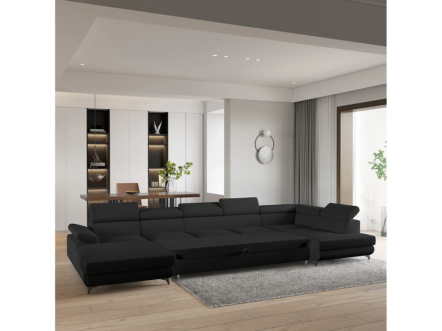 Hoekbank MONTIVA van fluweel met slaapfunctie Schwarz