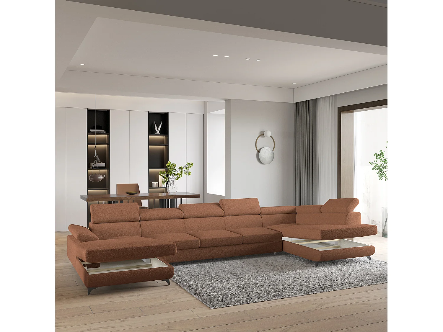 Hoekbank MONTIVA van fluweel met slaapfunctie Orange