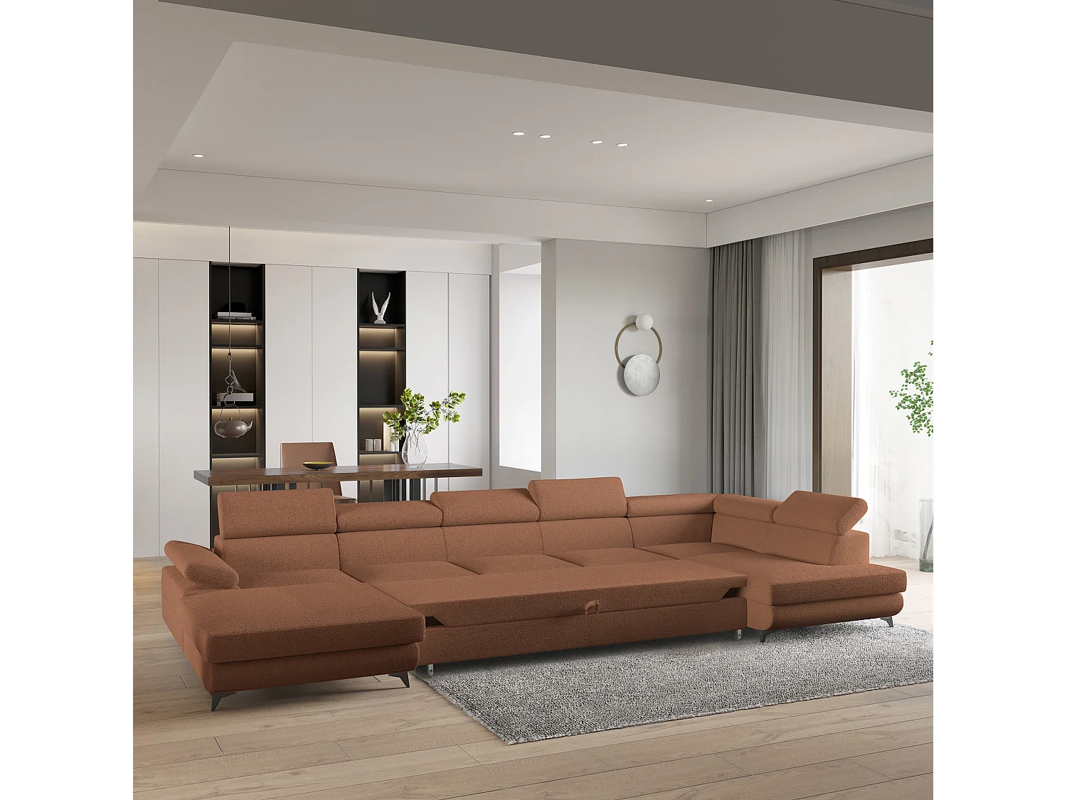 Hoekbank MONTIVA van fluweel met slaapfunctie Orange