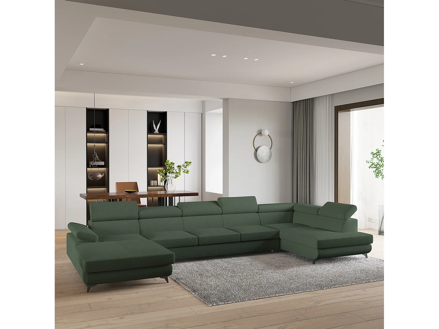 Hoekbank MONTIVA van fluweel met slaapfunctie Grün