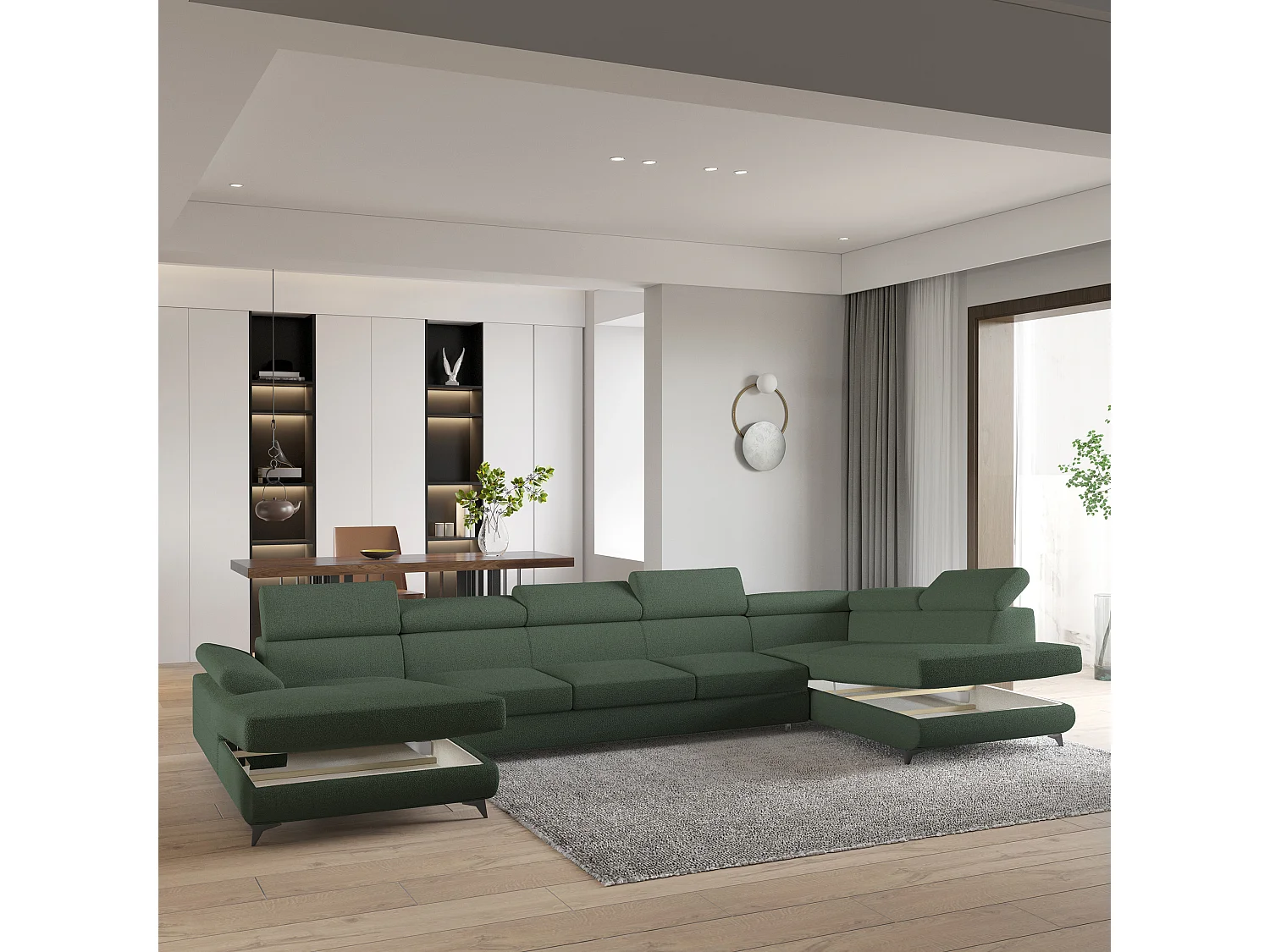 Hoekbank MONTIVA van fluweel met slaapfunctie Grün