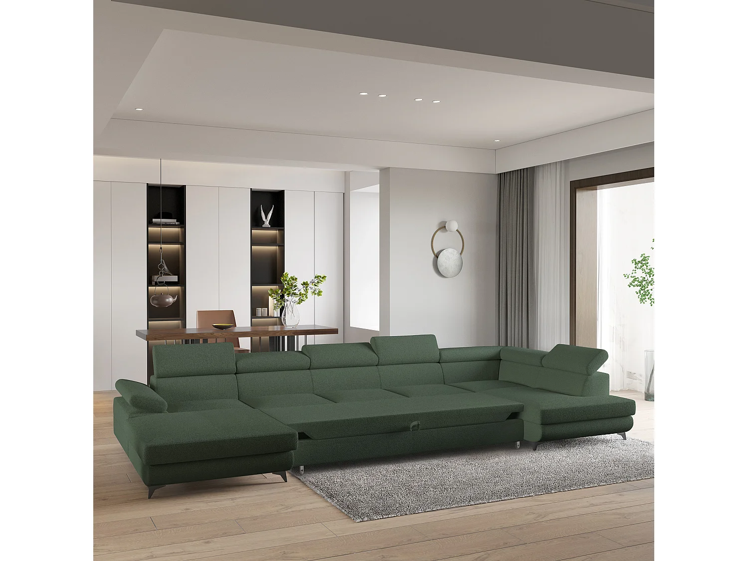 Hoekbank MONTIVA van fluweel met slaapfunctie Grün