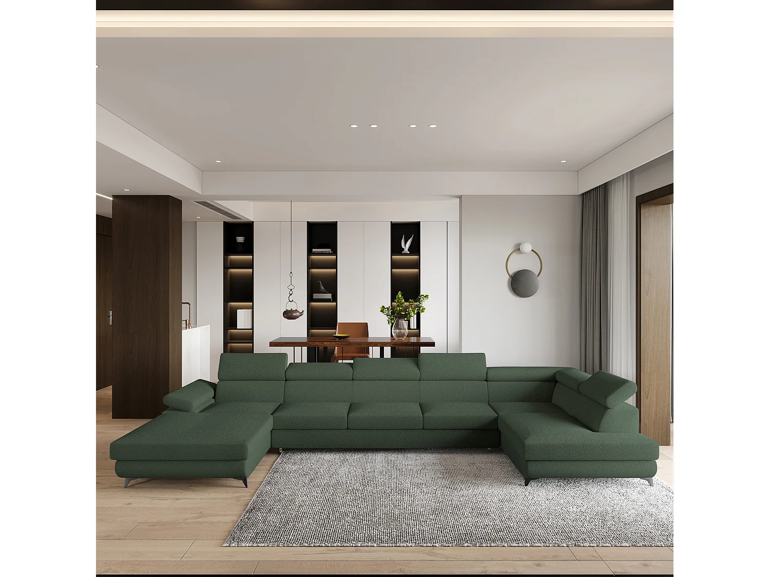 Hoekbank MONTIVA van fluweel met slaapfunctie Grün