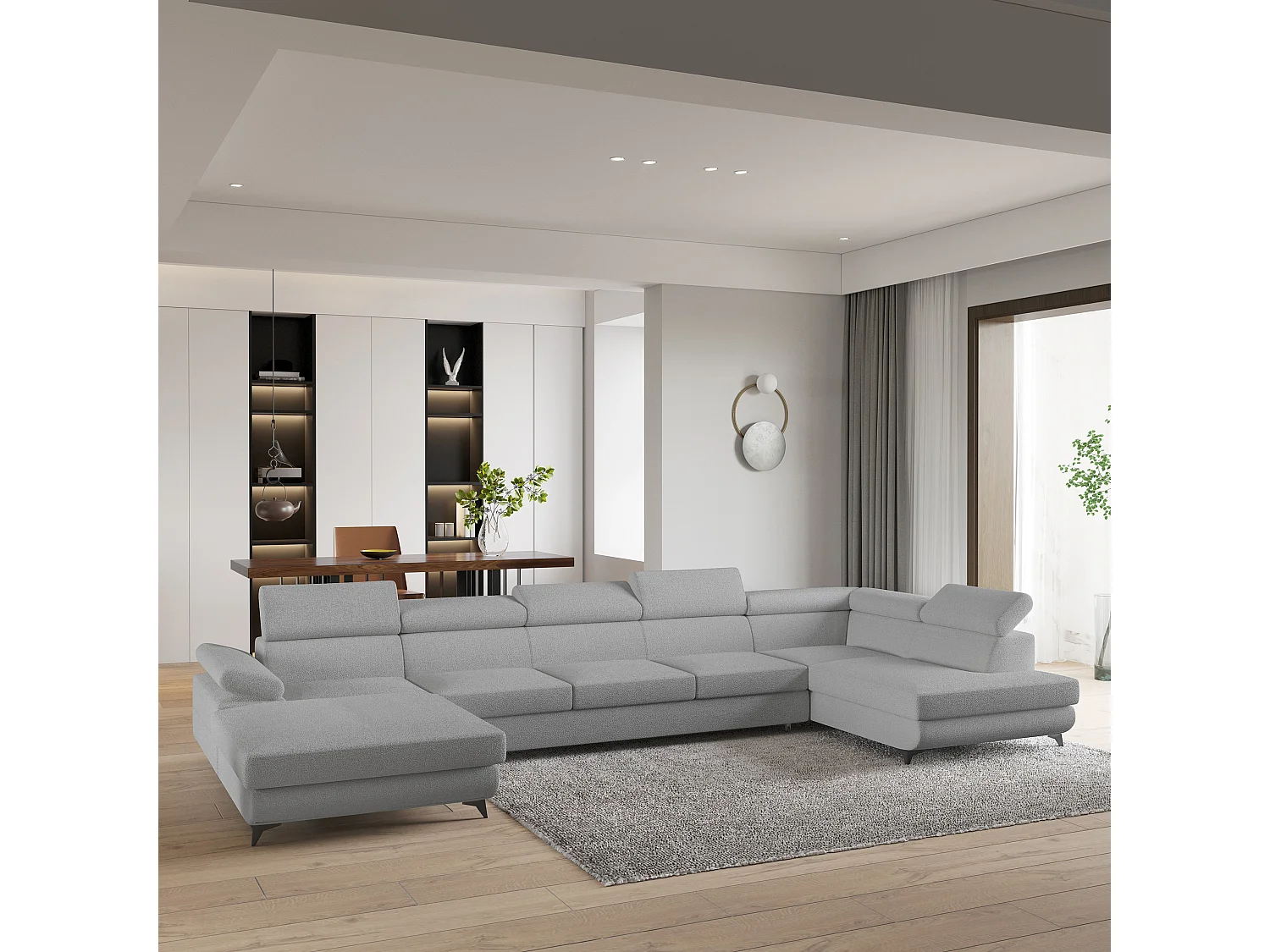 Hoekbank MONTIVA van fluweel met slaapfunctie Hellgrau