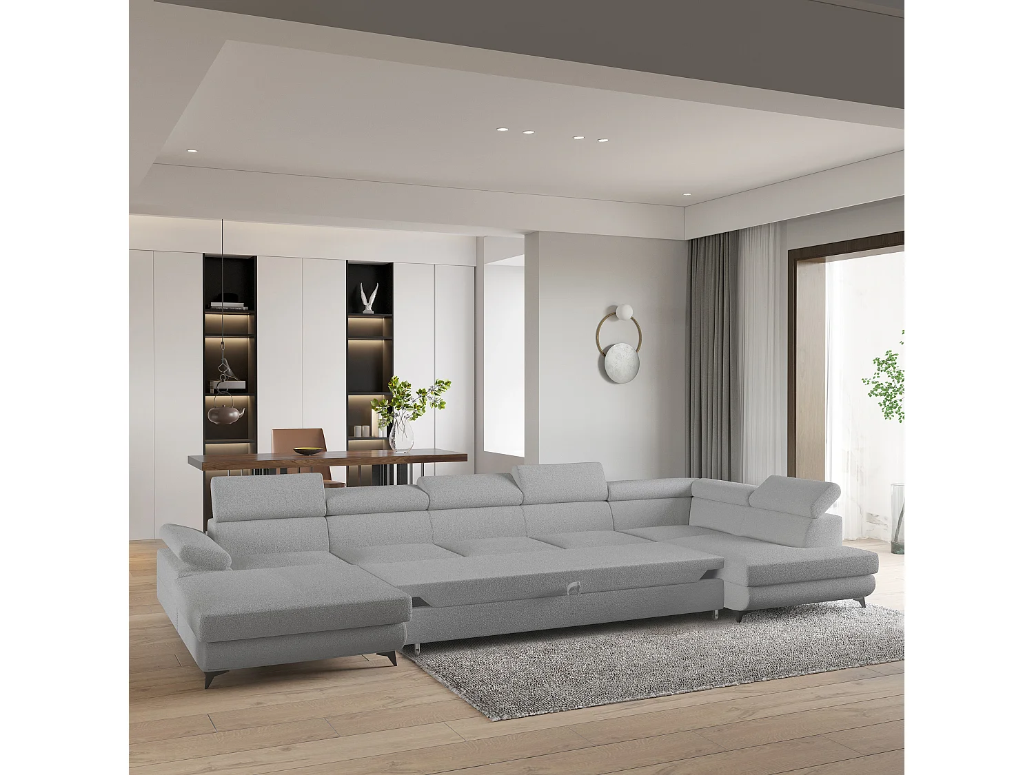 Hoekbank MONTIVA van fluweel met slaapfunctie Hellgrau