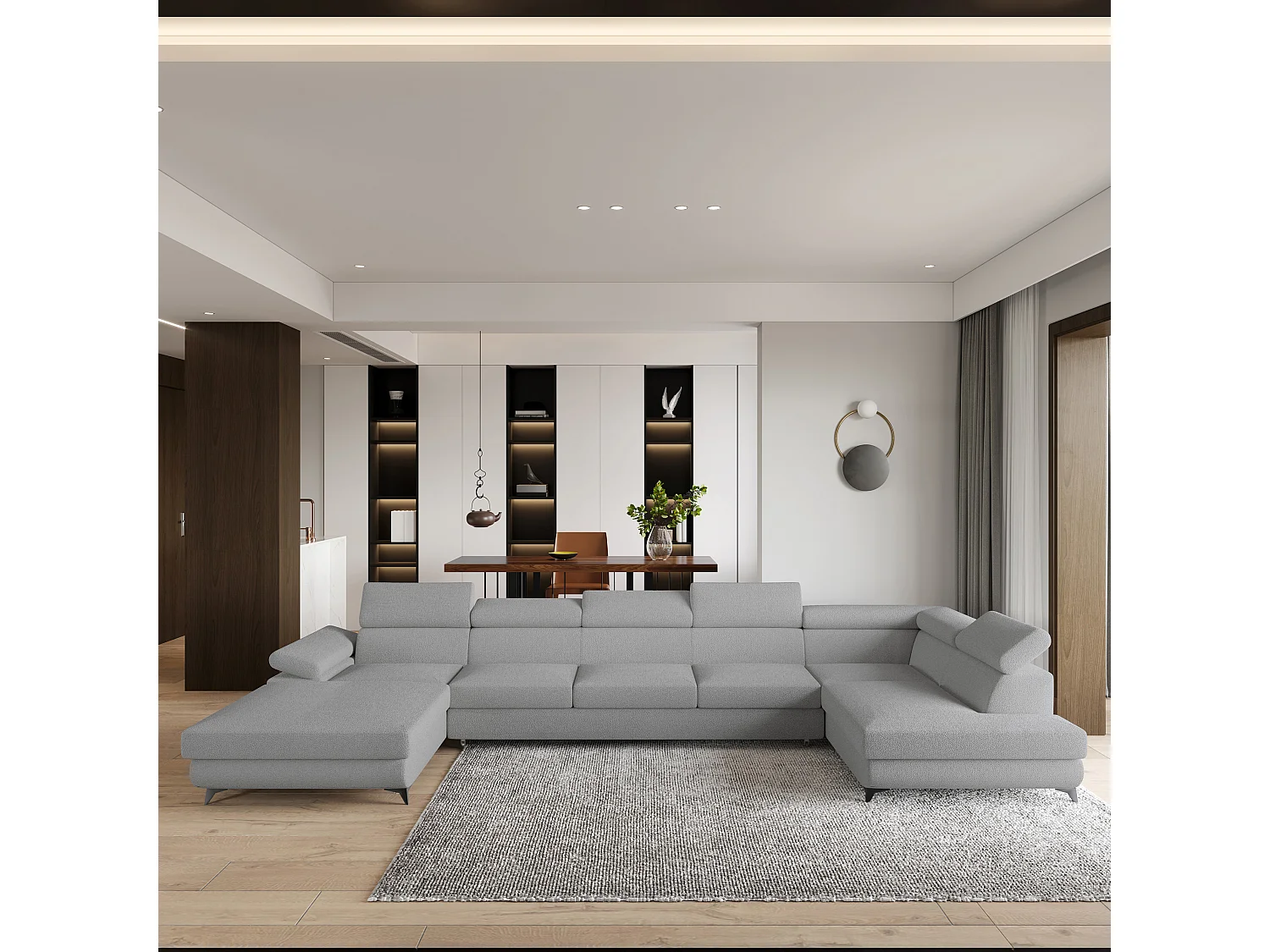 Hoekbank MONTIVA van fluweel met slaapfunctie Hellgrau