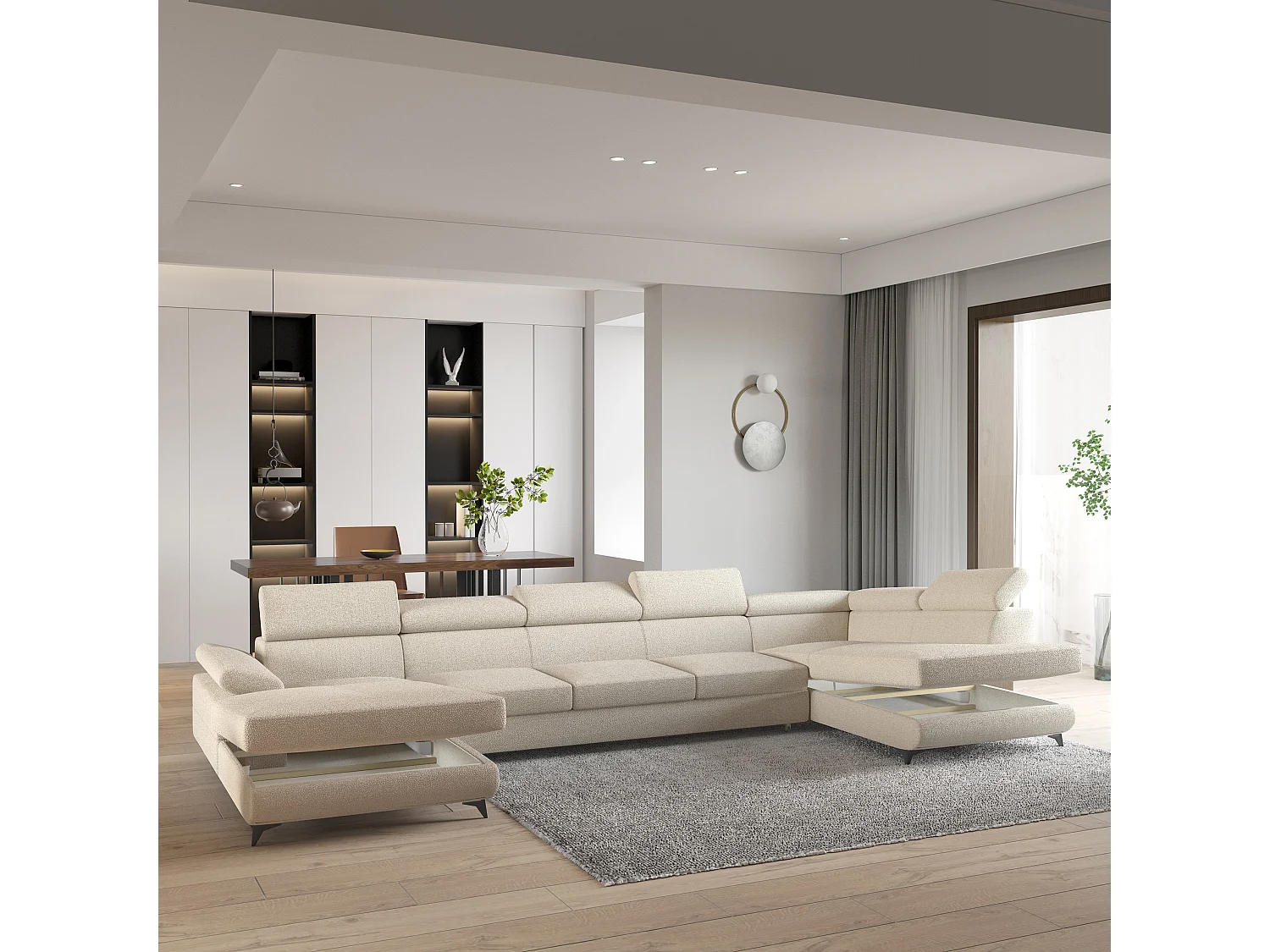 Hoekbank MONTIVA van fluweel met slaapfunctie Creme