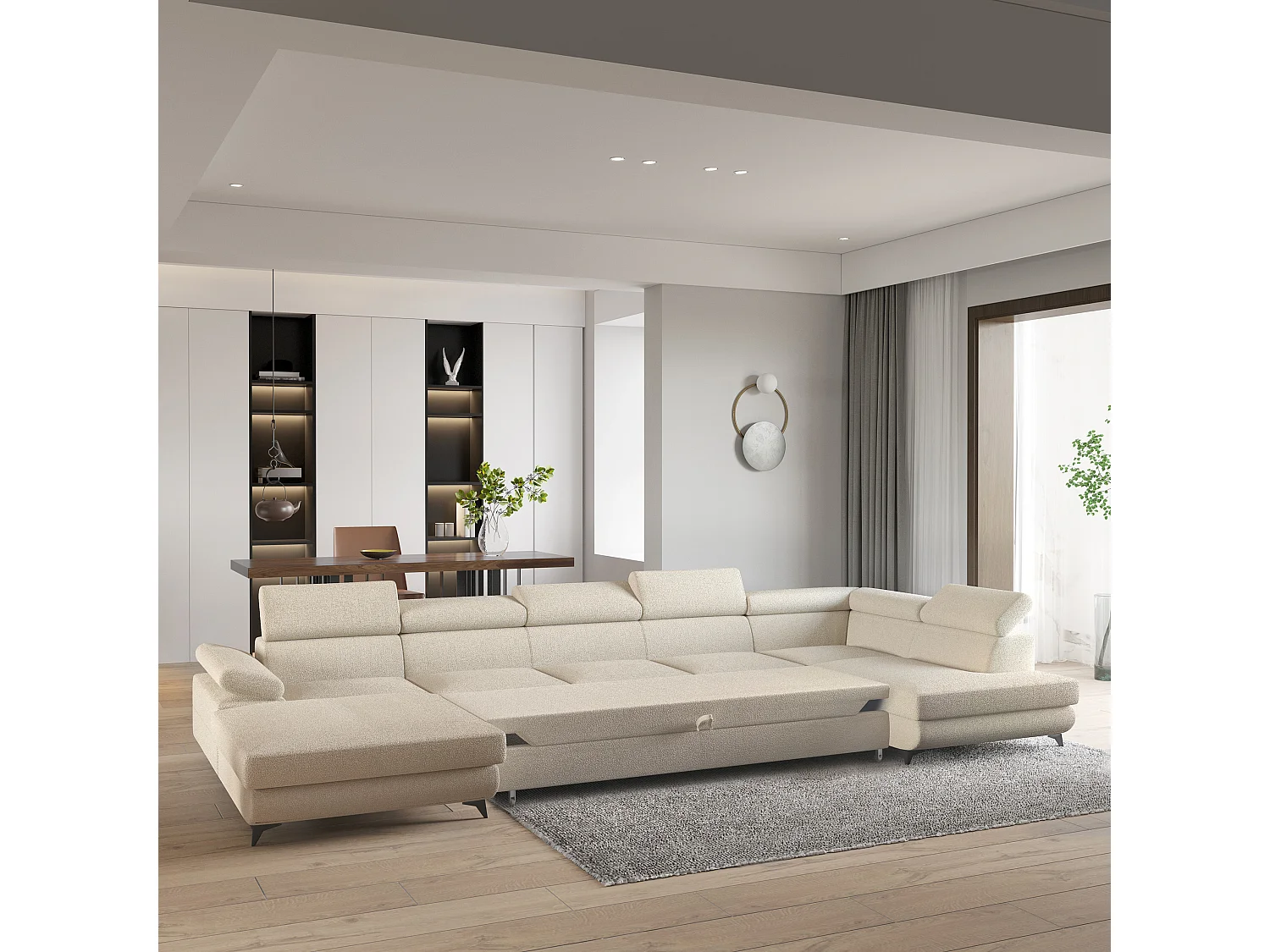 Hoekbank MONTIVA van fluweel met slaapfunctie Creme