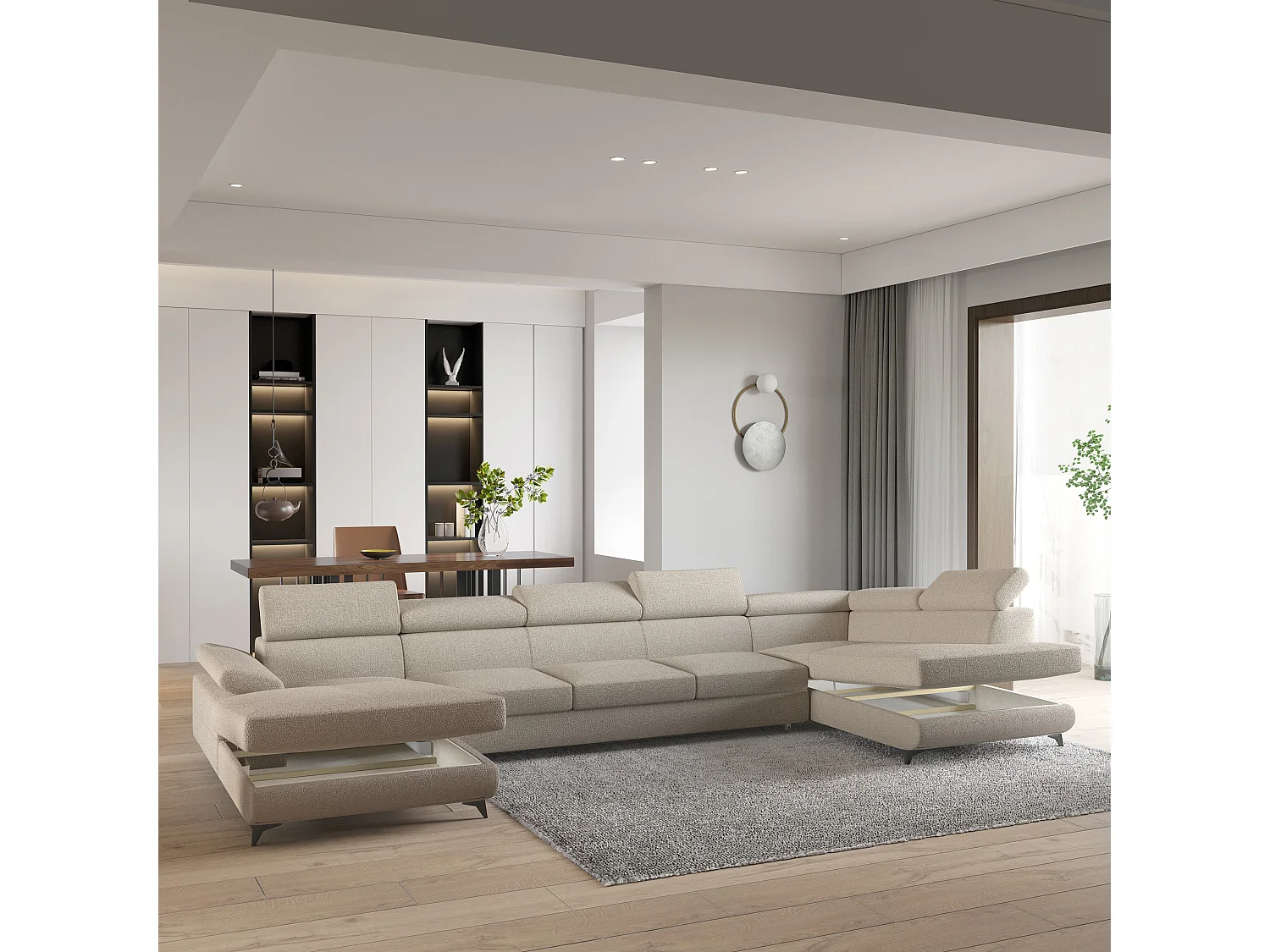 Hoekbank MONTIVA van fluweel met slaapfunctie Beige