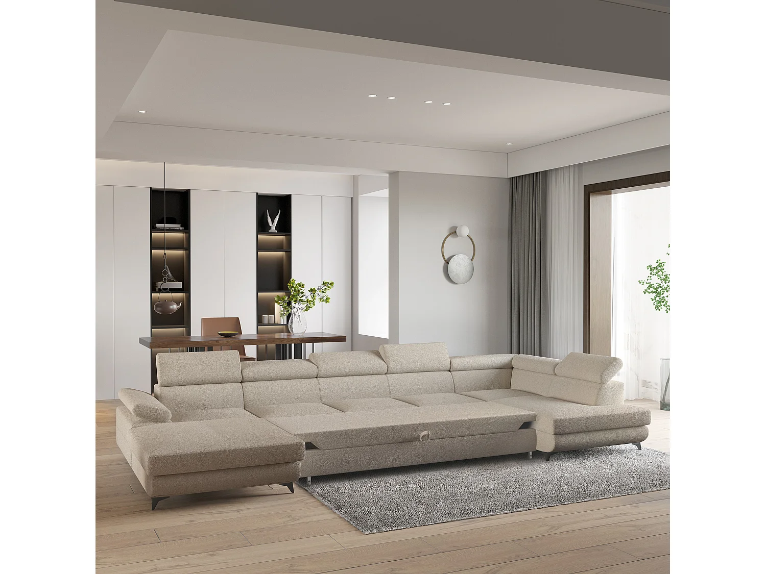 Hoekbank MONTIVA van fluweel met slaapfunctie Beige