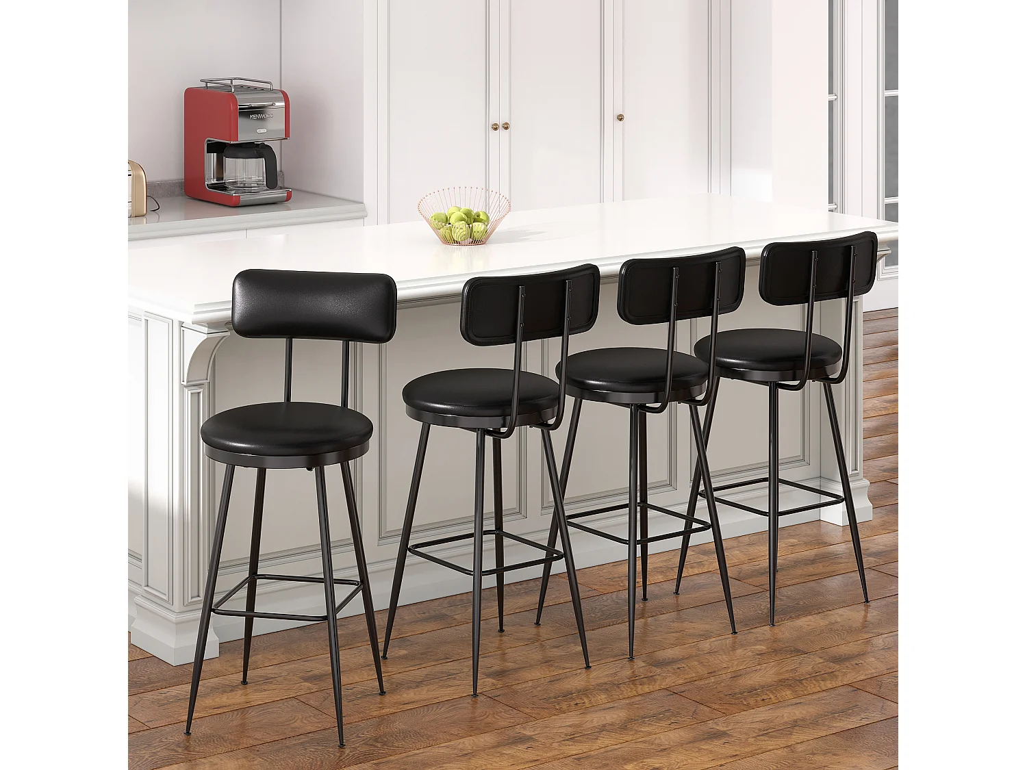 Chaises de bar 4pcs ensemble avec coussin de siège de couverture PU et dossier en métal jambe bar tabouret chaises à manger pour bureau à domicile Bar- noir