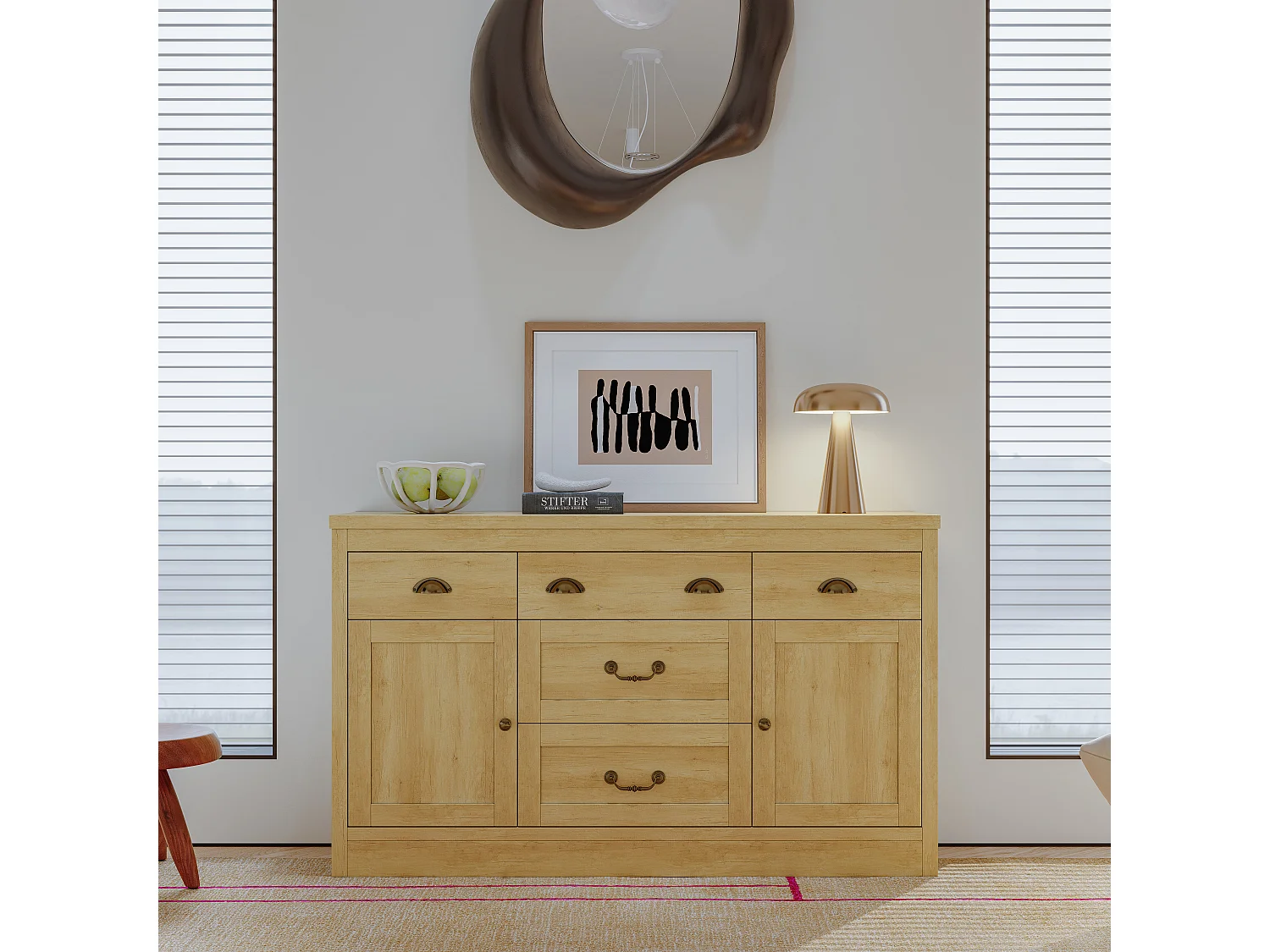 Commode avec 2 portes et 5 tiroirs - étagère décorative de l'armoire d'affichage - meubles de stockage en bois