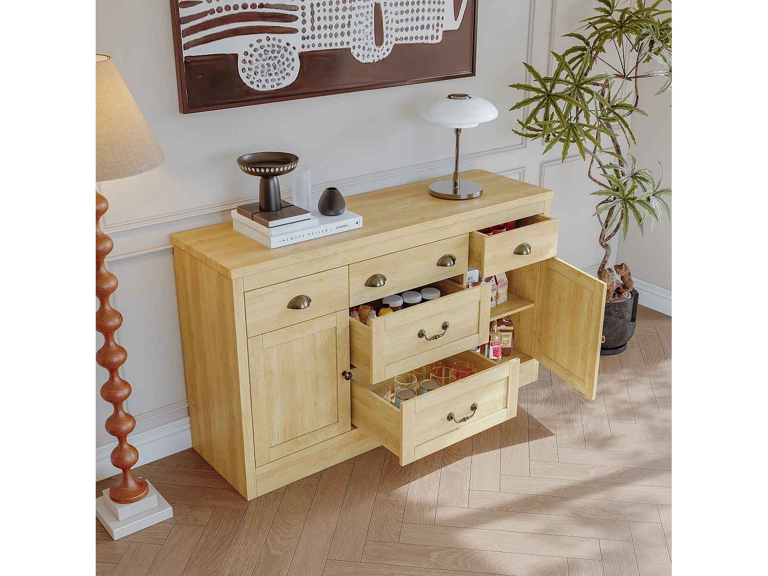 Commode avec 2 portes et 5 tiroirs - étagère décorative de l'armoire d'affichage - meubles de stockage en bois