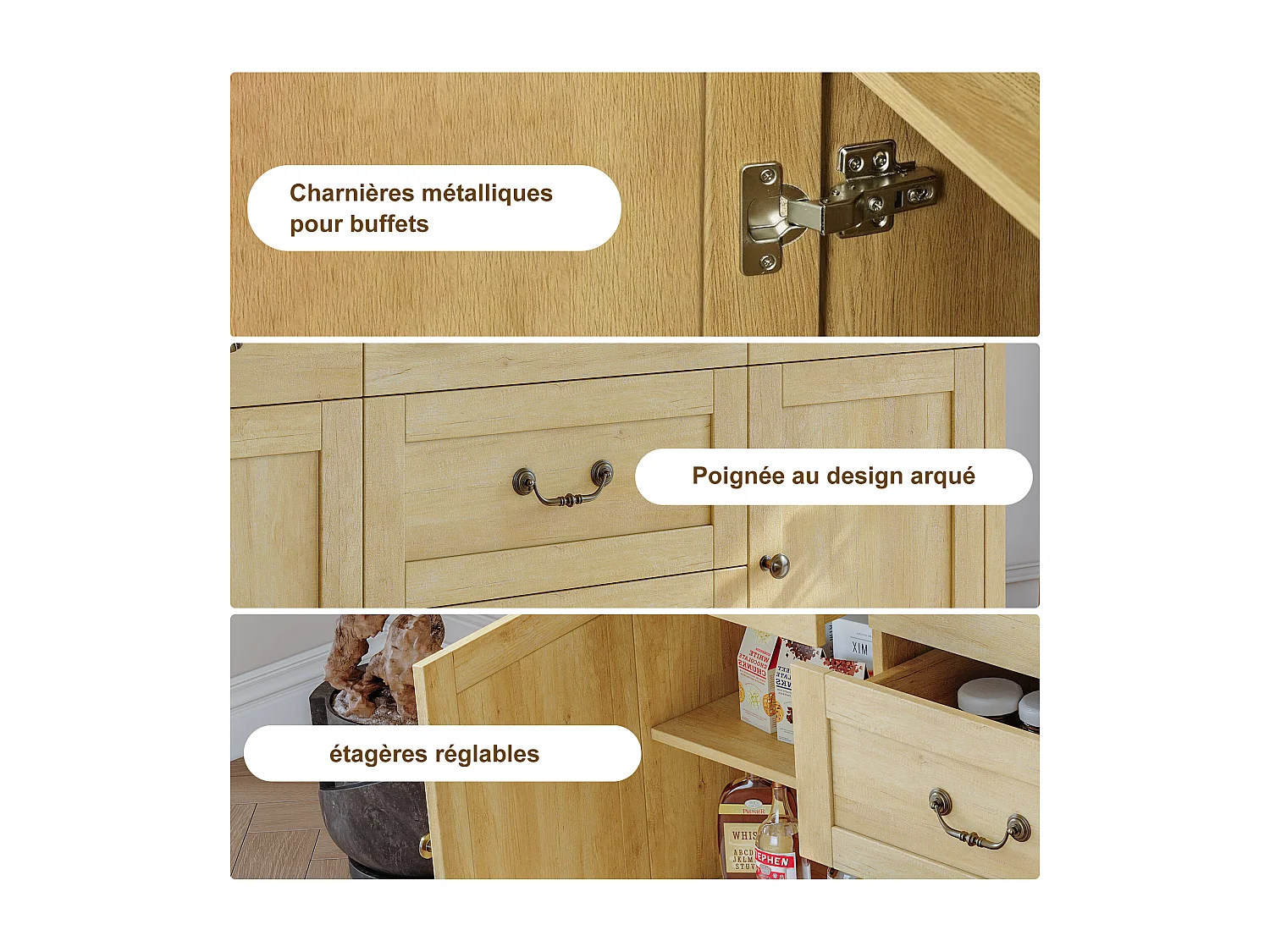 Commode avec 2 portes et 5 tiroirs - étagère décorative de l'armoire d'affichage - meubles de stockage en bois