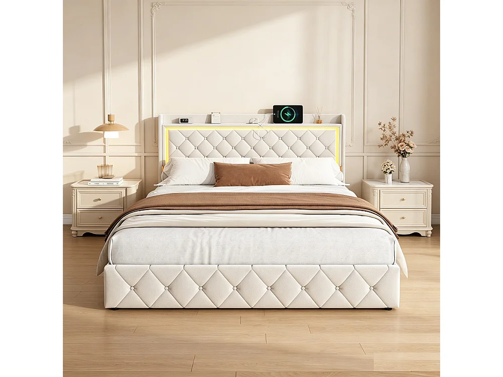 Lit capitonné avec tiroirs latéraux - 140 x 200 cm - avec port de charge USB - velours - beige