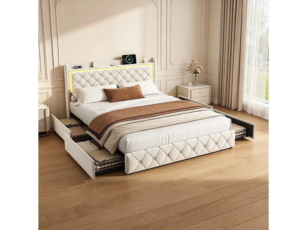 Lit capitonné avec tiroirs latéraux - 140 x 200 cm - avec port de charge USB - velours - beige
