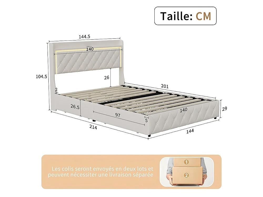 Lit capitonné avec tiroirs latéraux - 140 x 200 cm - avec port de charge USB - velours - beige
