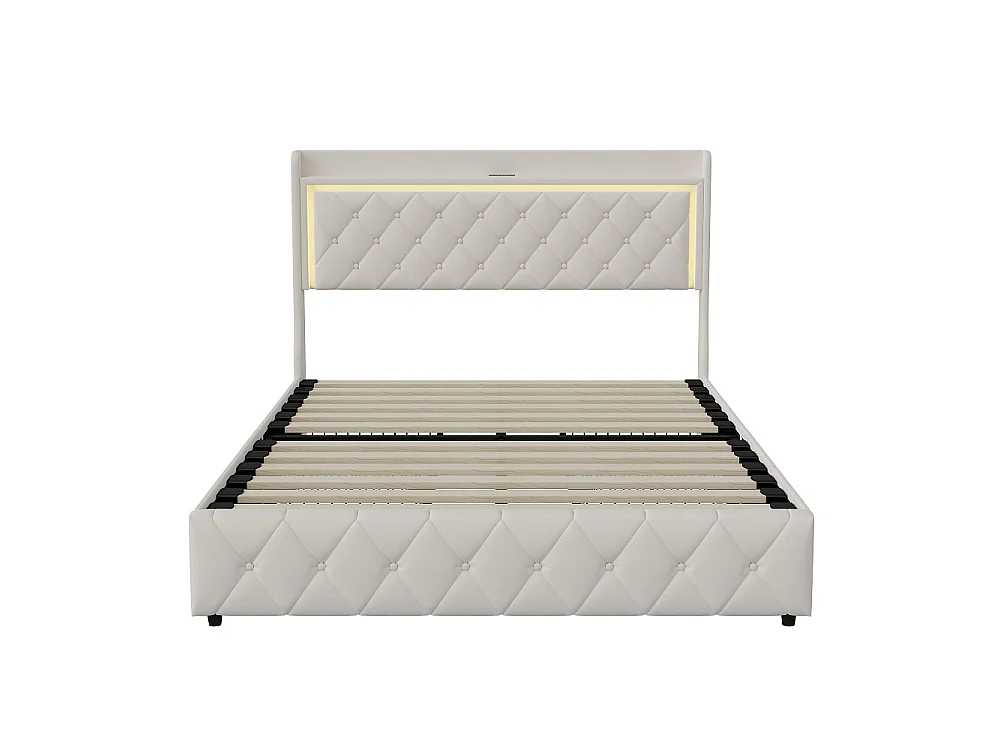 Lit capitonné avec tiroirs latéraux - 140 x 200 cm - avec port de charge USB - velours - beige