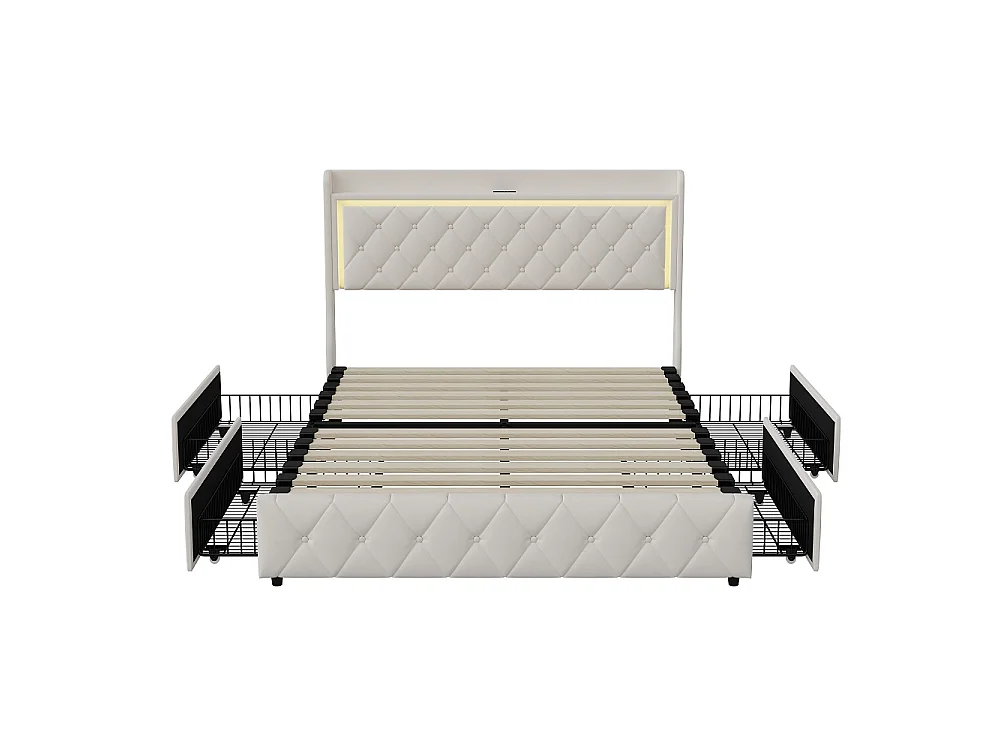 Lit capitonné avec tiroirs latéraux - 140 x 200 cm - avec port de charge USB - velours - beige