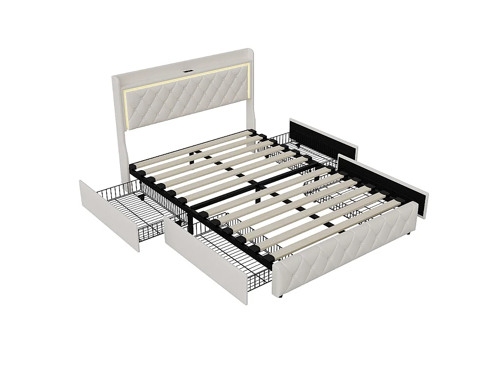 Lit capitonné avec tiroirs latéraux - 140 x 200 cm - avec port de charge USB - velours - beige