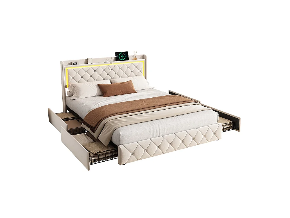 Lit capitonné avec tiroirs latéraux - 140 x 200 cm - avec port de charge USB - velours - beige