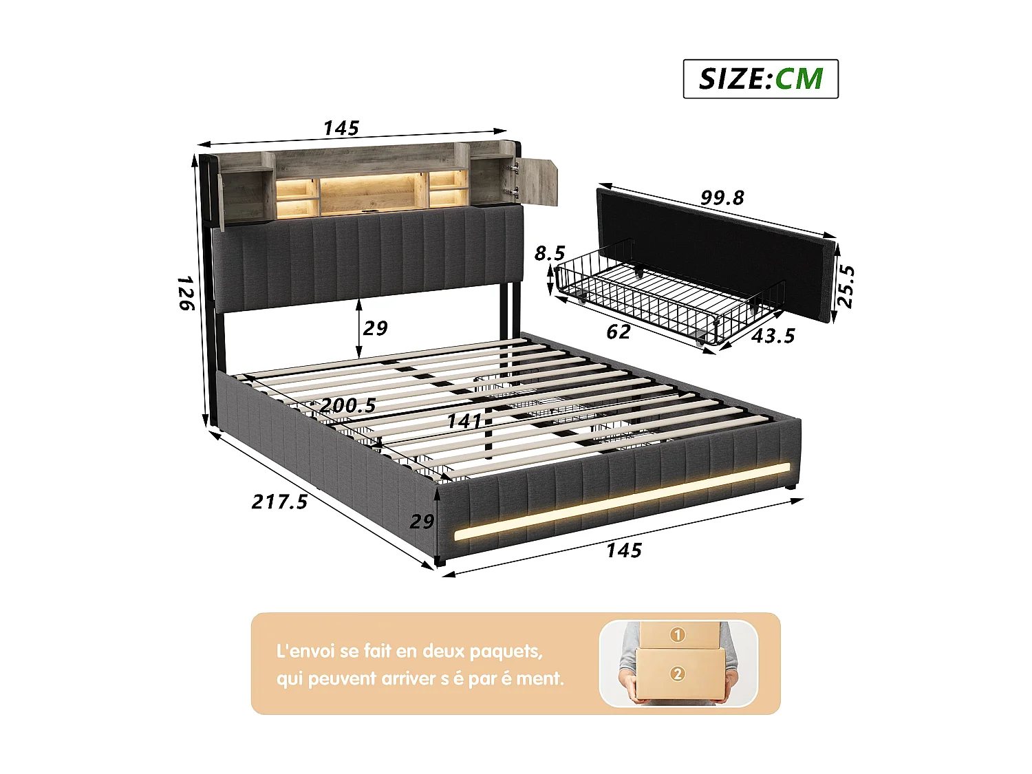 Linge Tissu Cap de lit Compartiments de stockage multiples - Cadre de lit rembourré avec 4 tiroirs et éclairage LED et USB - gris - 140x200cm