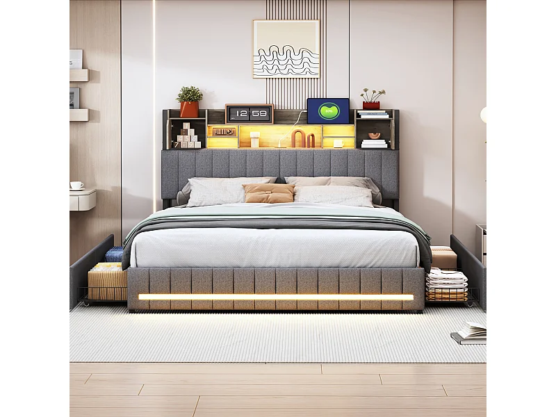 Linge Tissu Cap de lit Compartiments de stockage multiples - Cadre de lit rembourré avec 4 tiroirs et éclairage LED et USB - gris - 140x200cm