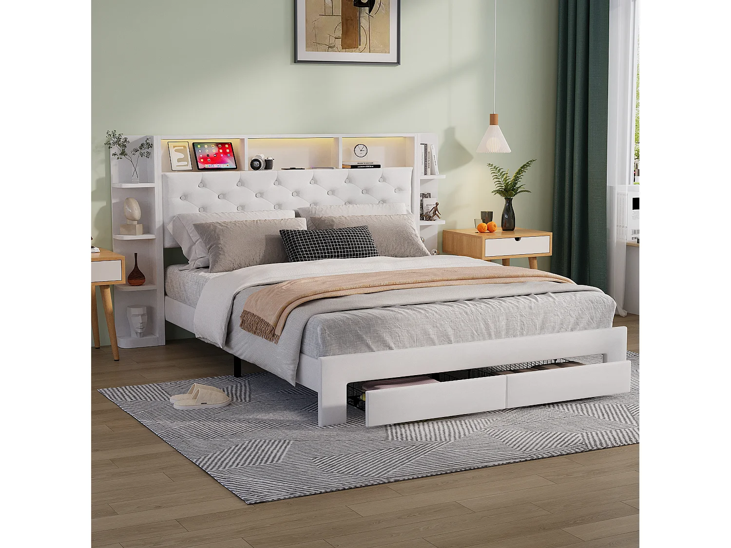 Lit double rembourré avec compartiments de stockage ouverts multiples - cadre de lit fonctionnel avec 2 tiroirs et charge LED & USB - 160x200cm