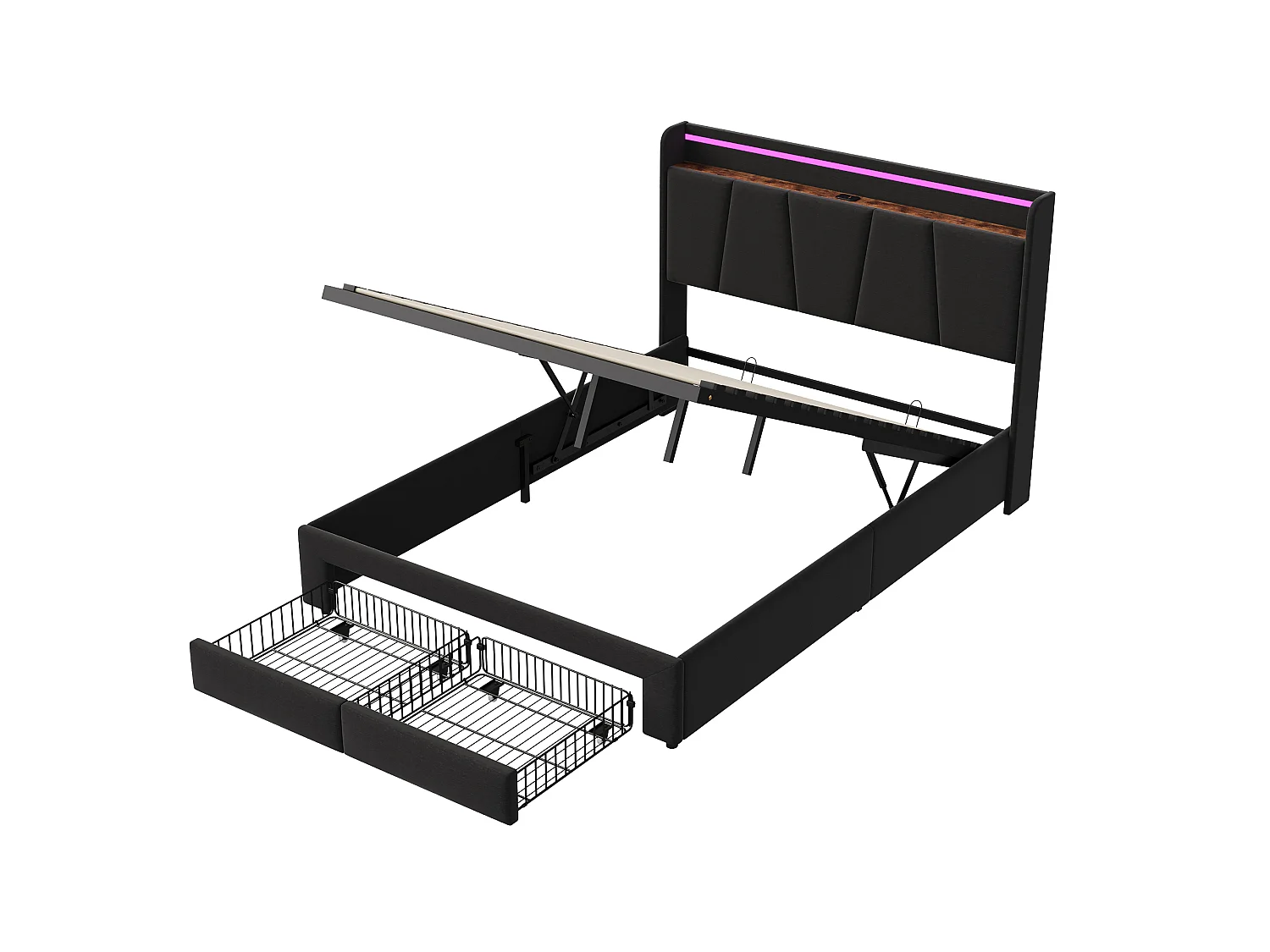 Lit rembourré 4 en 1 avec 2 tiroirs, lit de stockage hydraulique avec charge USB et éclairage LED - Gris foncé - Tissu de lin - 160 x 200 cm