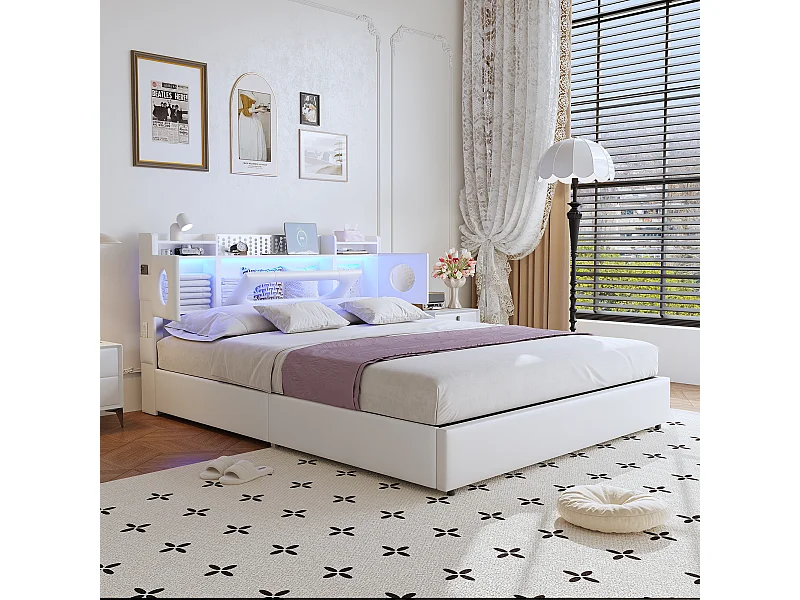 PU lit double-lit rembourré avec LED et USB Type-C, lit hydraulique avec étagères ouvertes et tête de stockage cachée - blanc - 140x200cm