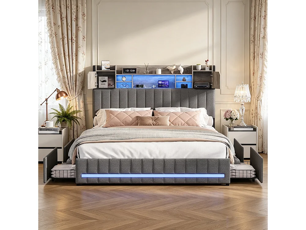 Rama łóżka 160x200 cm szara z 4 szufladami, oświetleniem LED, portami USB, oddychającą tkaniną lnianą i wbudowanym schowkiem