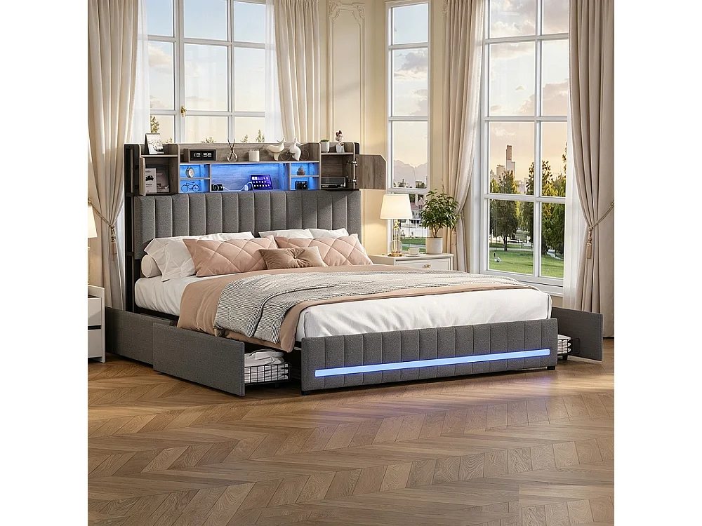 Rama łóżka 160x200 cm szara z 4 szufladami, oświetleniem LED, portami USB, oddychającą tkaniną lnianą i wbudowanym schowkiem