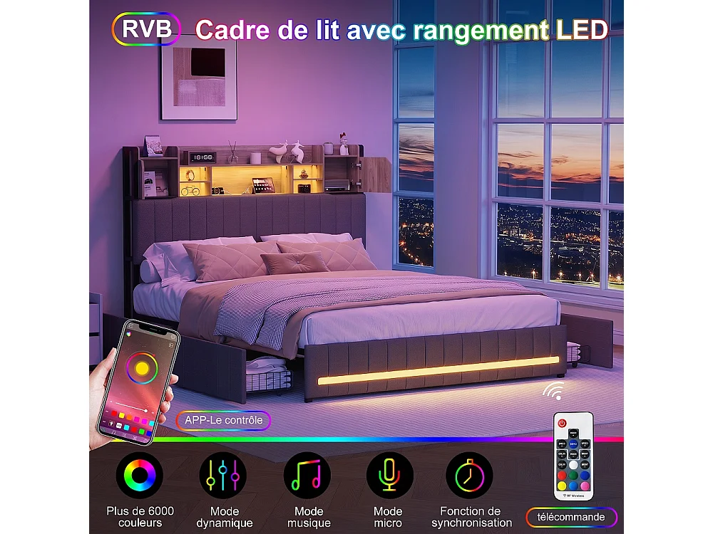 Rama łóżka 160x200 cm szara z 4 szufladami, oświetleniem LED, portami USB, oddychającą tkaniną lnianą i wbudowanym schowkiem