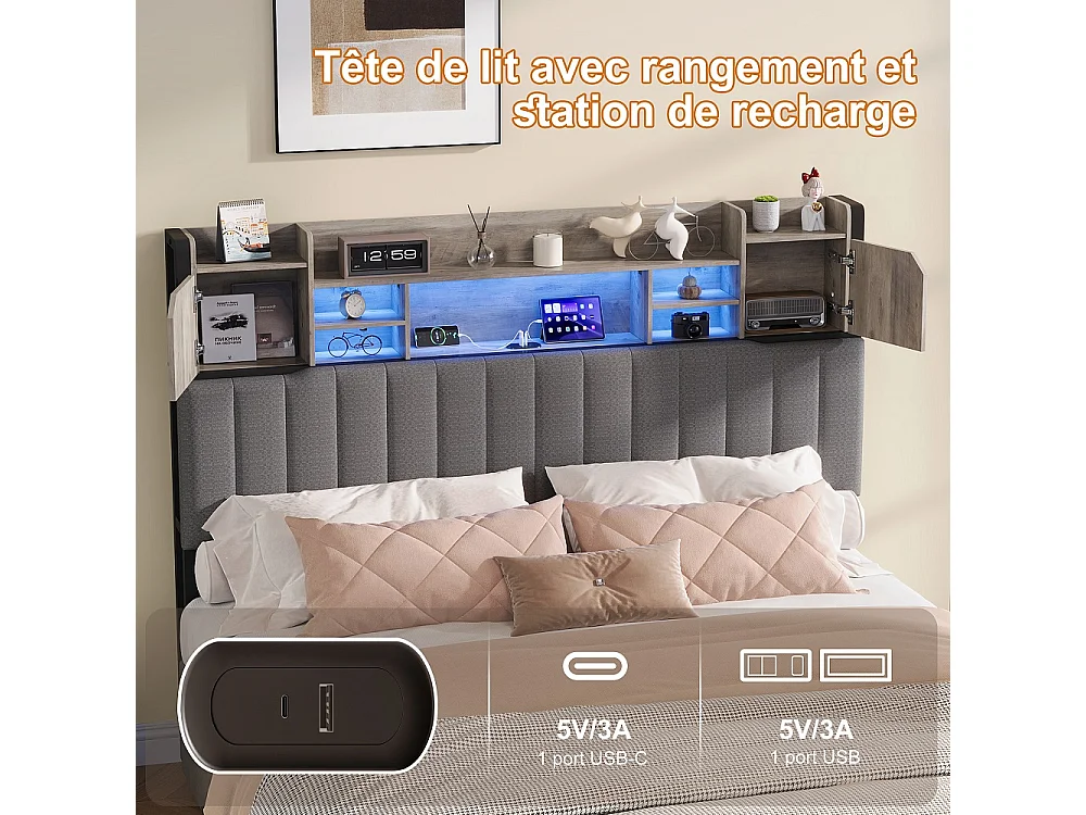 Rama łóżka 160x200 cm szara z 4 szufladami, oświetleniem LED, portami USB, oddychającą tkaniną lnianą i wbudowanym schowkiem